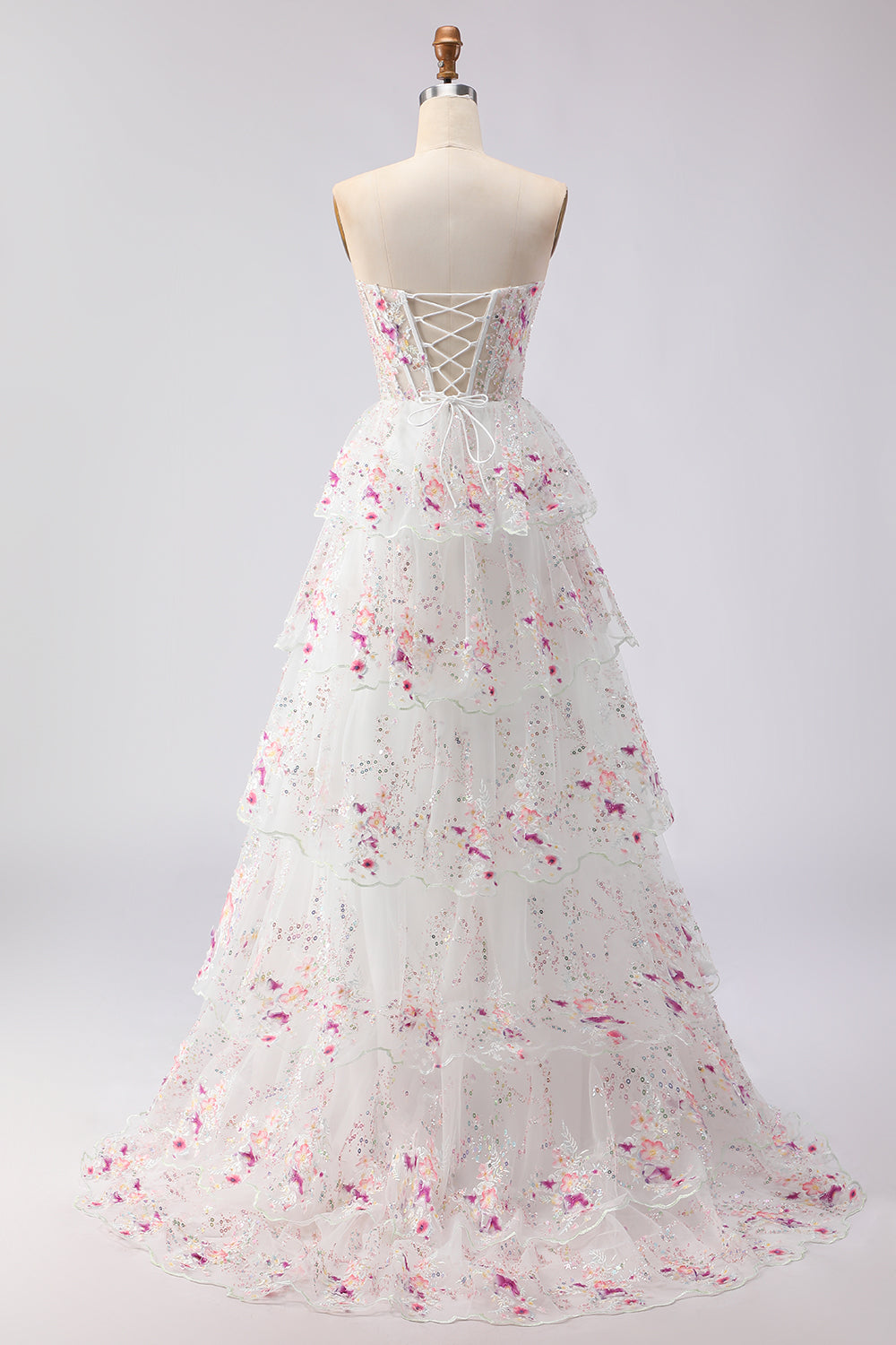 Zapakasa Women Sparkly Floral White and Pink Ruffled Long Prom Dress with Sequins Lace A Line Tiered Strapless Lace Up Back Pageant Dress Zapakasa Women Sparkly Floral White and Pink Ruffled Long Prom Dress with Sequins Lace A Line Tiered Strapless Lace Up Back Pageant Dress