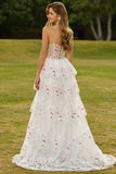 Sparkly Floral Black Pink Lace A Line Tiered Strapless Long Prom Dress