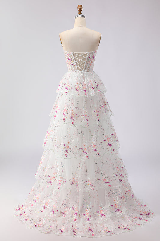 Sparkly Floral White and Pink A Line Tiered Strapless Lace Long Prom Dress