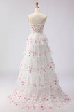 Sparkly Black and Pink Floral A Line Lace Tiered Strapless Long Prom Dress