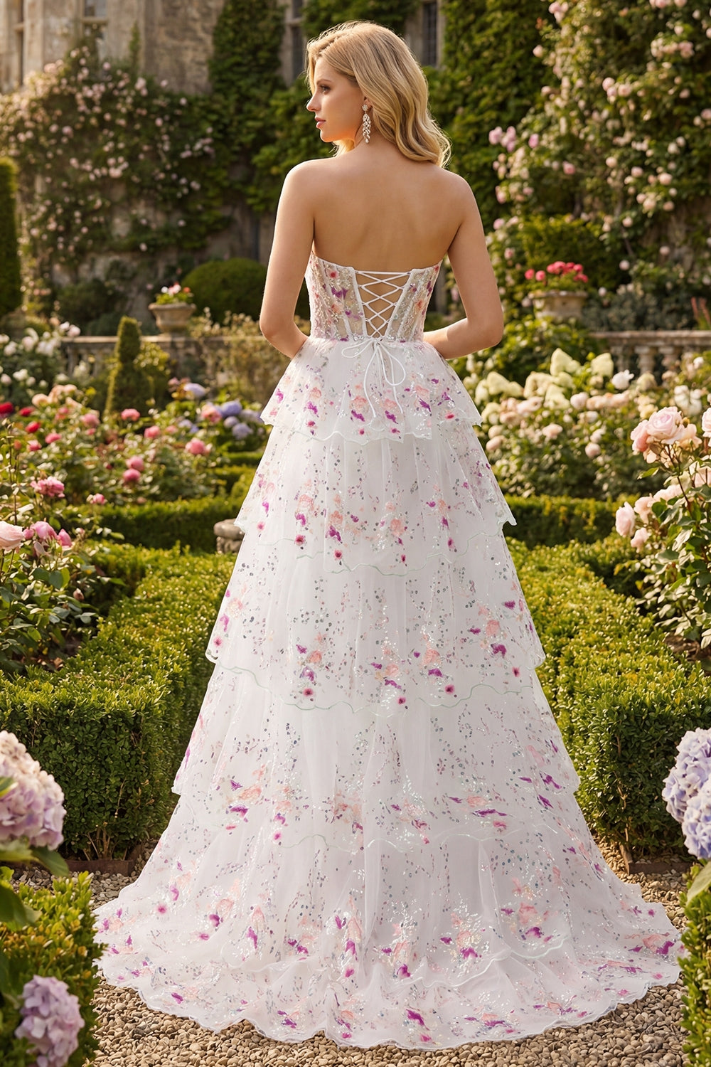 Sparkly Black and Pink Floral A Line Lace Tiered Strapless Long Prom Dress