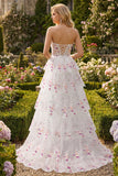 Sparkly Black and Pink Floral A Line Lace Tiered Strapless Long Prom Dress