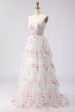 Sparkly Floral Black Pink Lace A Line Tiered Strapless Long Prom Dress