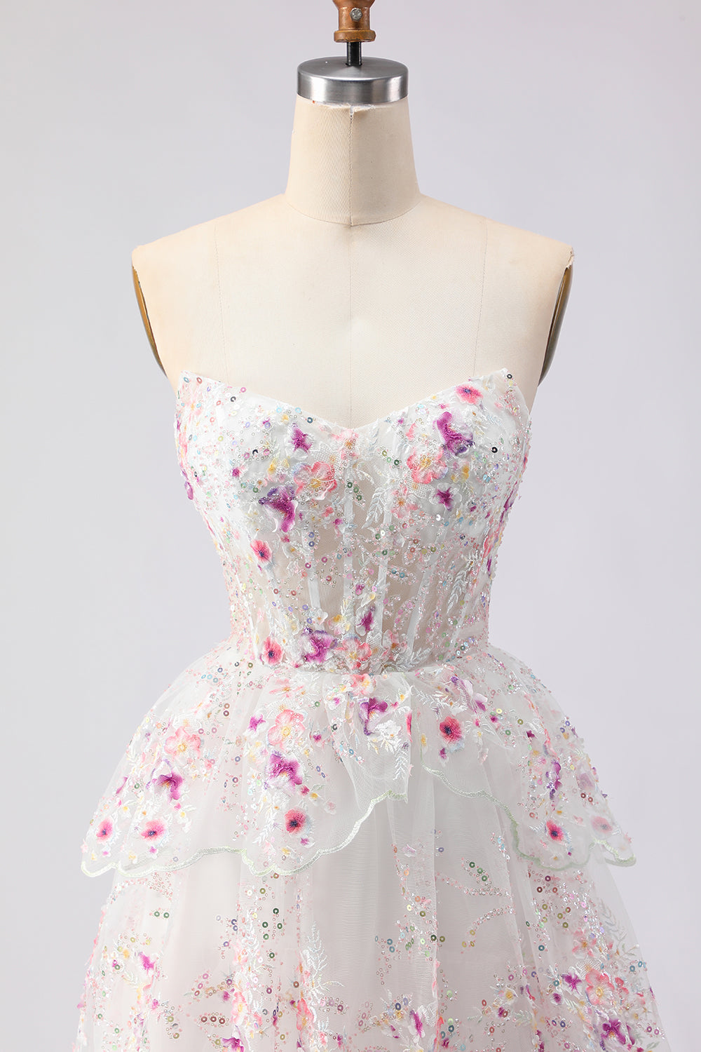 Sparkly Floral Black Pink Lace A Line Tiered Strapless Long Prom Dress