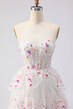 Sparkly Floral Black Pink Lace A Line Tiered Strapless Long Prom Dress