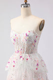 Sparkly Floral Black Pink Lace A Line Tiered Strapless Long Prom Dress