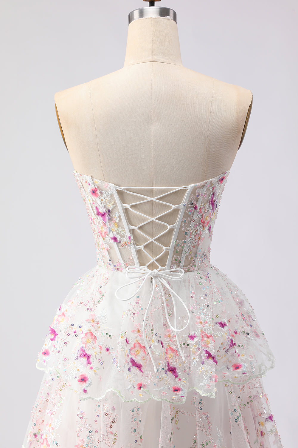 Zapakasa Women Sparkly Floral White and Pink Ruffled Long Prom Dress with Sequins Lace A Line Tiered Strapless Lace Up Back Pageant Dress Zapakasa Women Sparkly Floral White and Pink Ruffled Long Prom Dress with Sequins Lace A Line Tiered Strapless Lace Up Back Pageant Dress