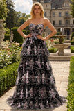 Sparkly Black and Pink Floral A Line Lace Tiered Strapless Long Prom Dress