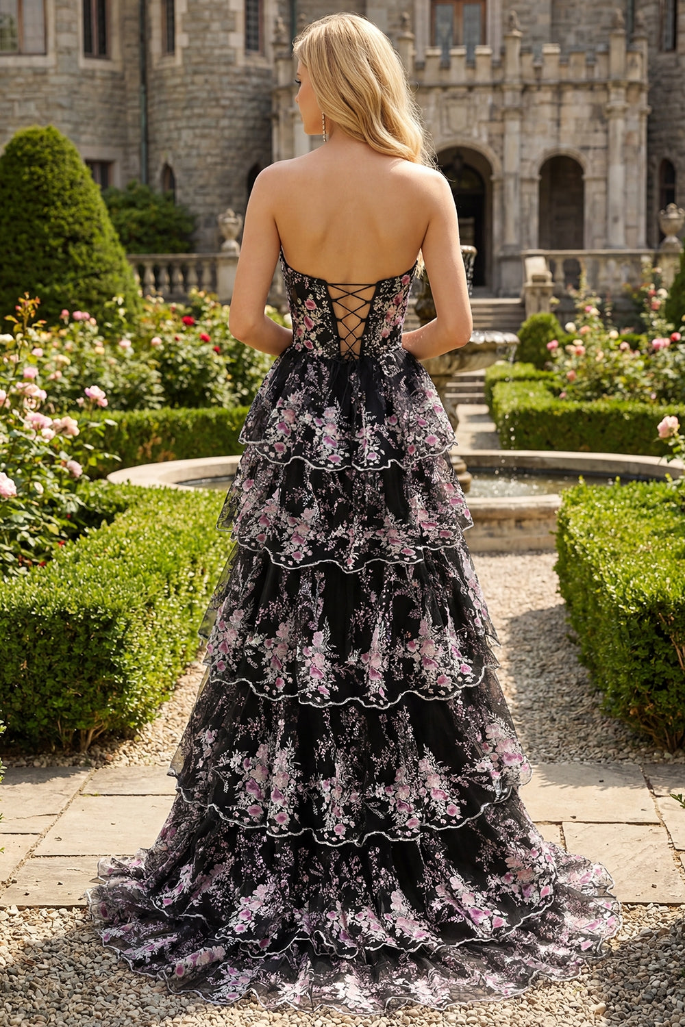 Zapakasa Women Sparkly Floral Black Pink Lace Long Prom Dress with Sequins  A Line Ruffled Tiered Strapless Lace Up Back Pageant Dress