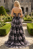 Sparkly Black and Pink Floral A Line Lace Tiered Strapless Long Prom Dress