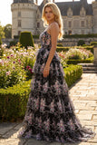 Sparkly Black and Pink Floral A Line Lace Tiered Strapless Long Prom Dress
