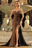 Sparkly Brown Leopard Sequin Mermaid Sweetheart Long Prom Dress with Bow