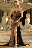 Sparkly Brown Leopard Sequin Mermaid Sweetheart Long Prom Dress with Bow
