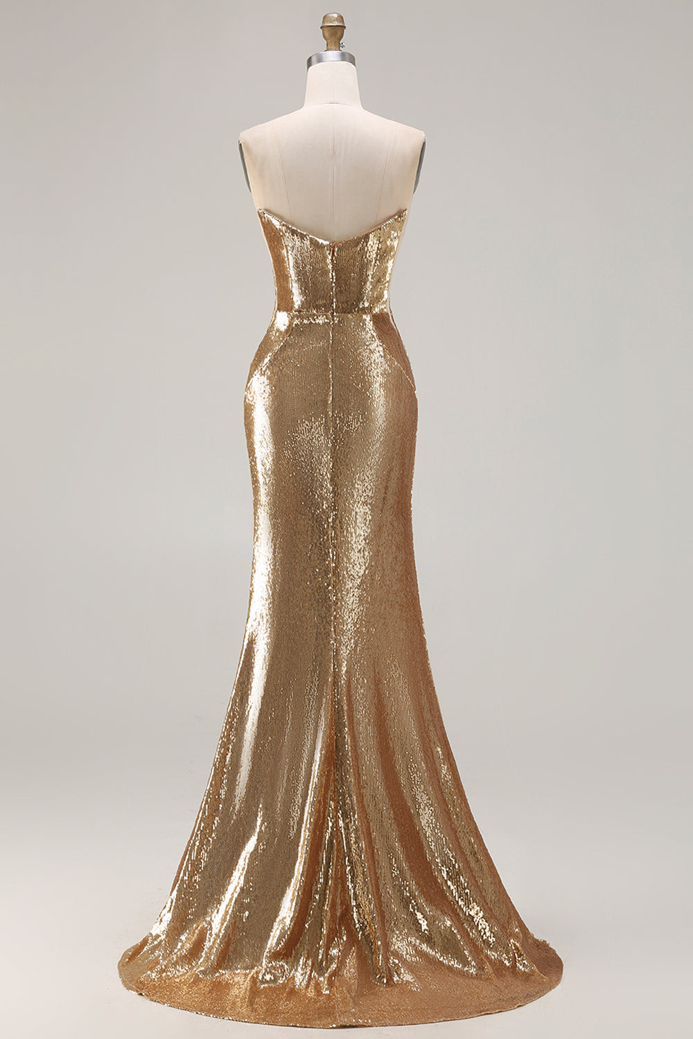 Sparkly Golden Mermaid Strapless Sequin Long Prom Dress with Slit