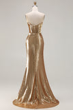 Sparkly Golden Mermaid Strapless Sequin Long Prom Dress with Slit
