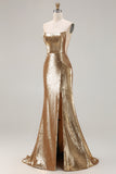 Sparkly Golden Mermaid Strapless Sequin Long Prom Dress with Slit