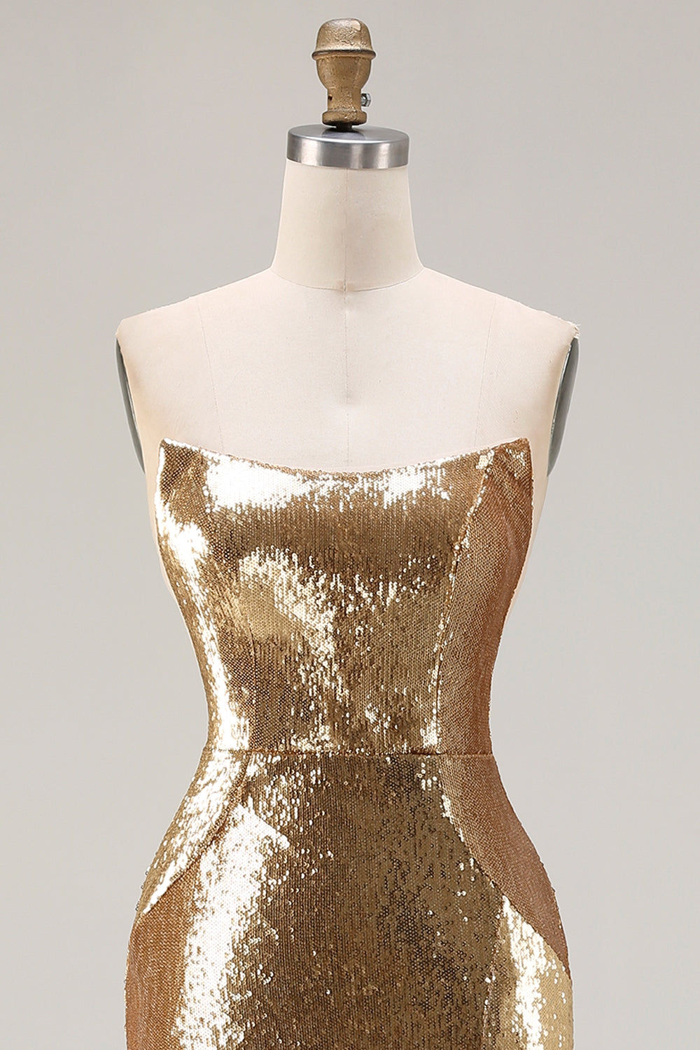 Sparkly Golden Mermaid Strapless Sequin Long Prom Dress with Slit