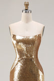 Sparkly Golden Mermaid Strapless Sequin Long Prom Dress with Slit
