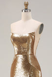 Sparkly Golden Mermaid Strapless Sequin Long Prom Dress with Slit