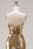 Sparkly Golden Mermaid Strapless Sequin Long Prom Dress with Slit