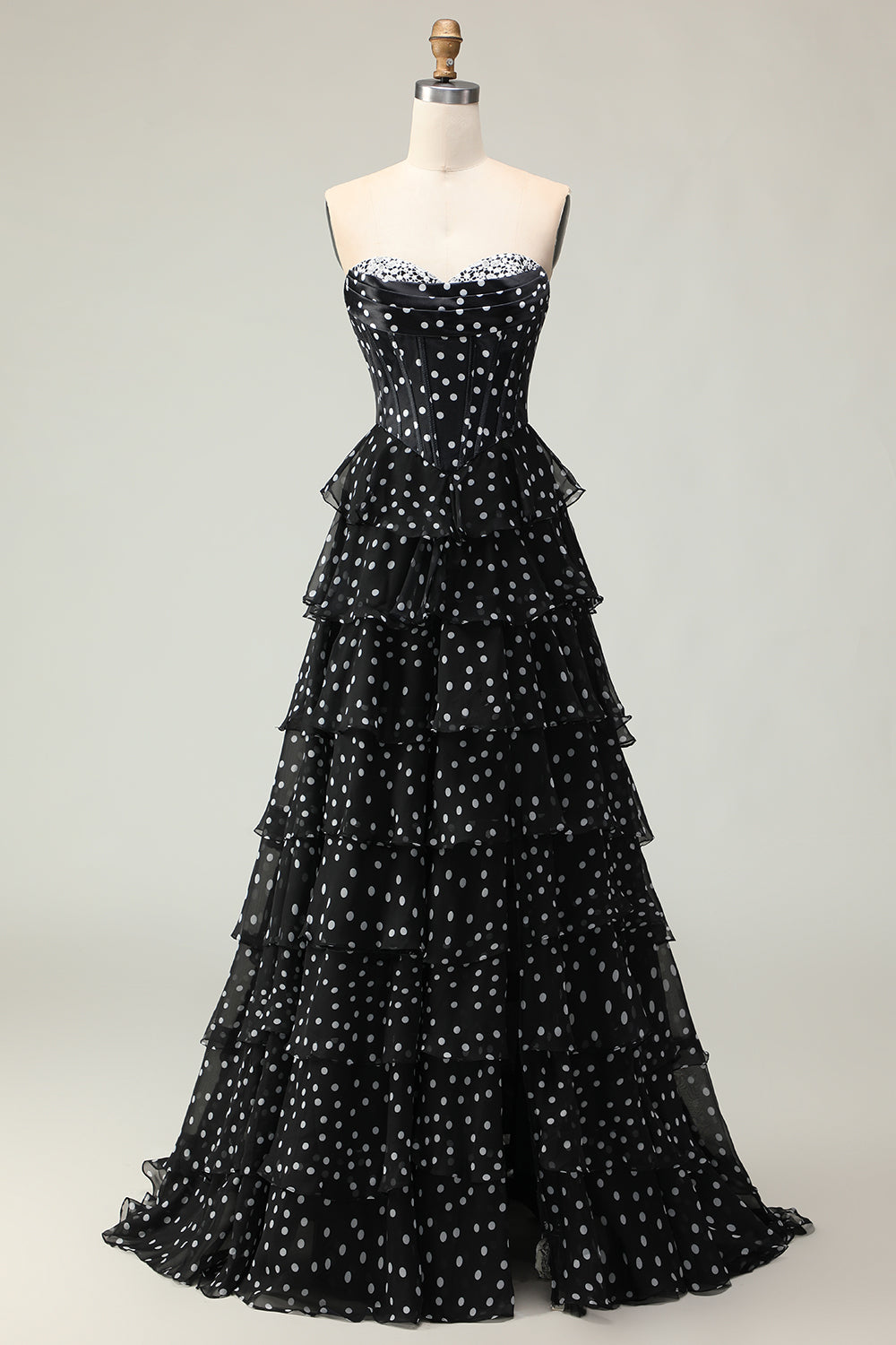 Sparkly White Black Polka Dots A Line Ruffled Long Corset Prom Dress