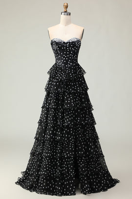 Sparkly Black and White Polka Dots Ruffled Corset Long Prom Dress