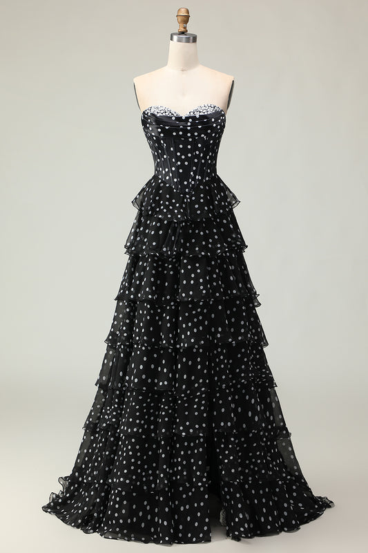 Sparkly Black and White Polka Dots Ruffled Corset Long Prom Dress