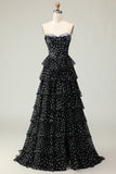 Sparkly White Black Polka Dots A Line Ruffled Long Corset Prom Dress