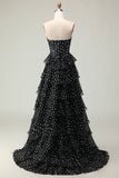 Sparkly White Black Polka Dots A Line Ruffled Long Corset Prom Dress