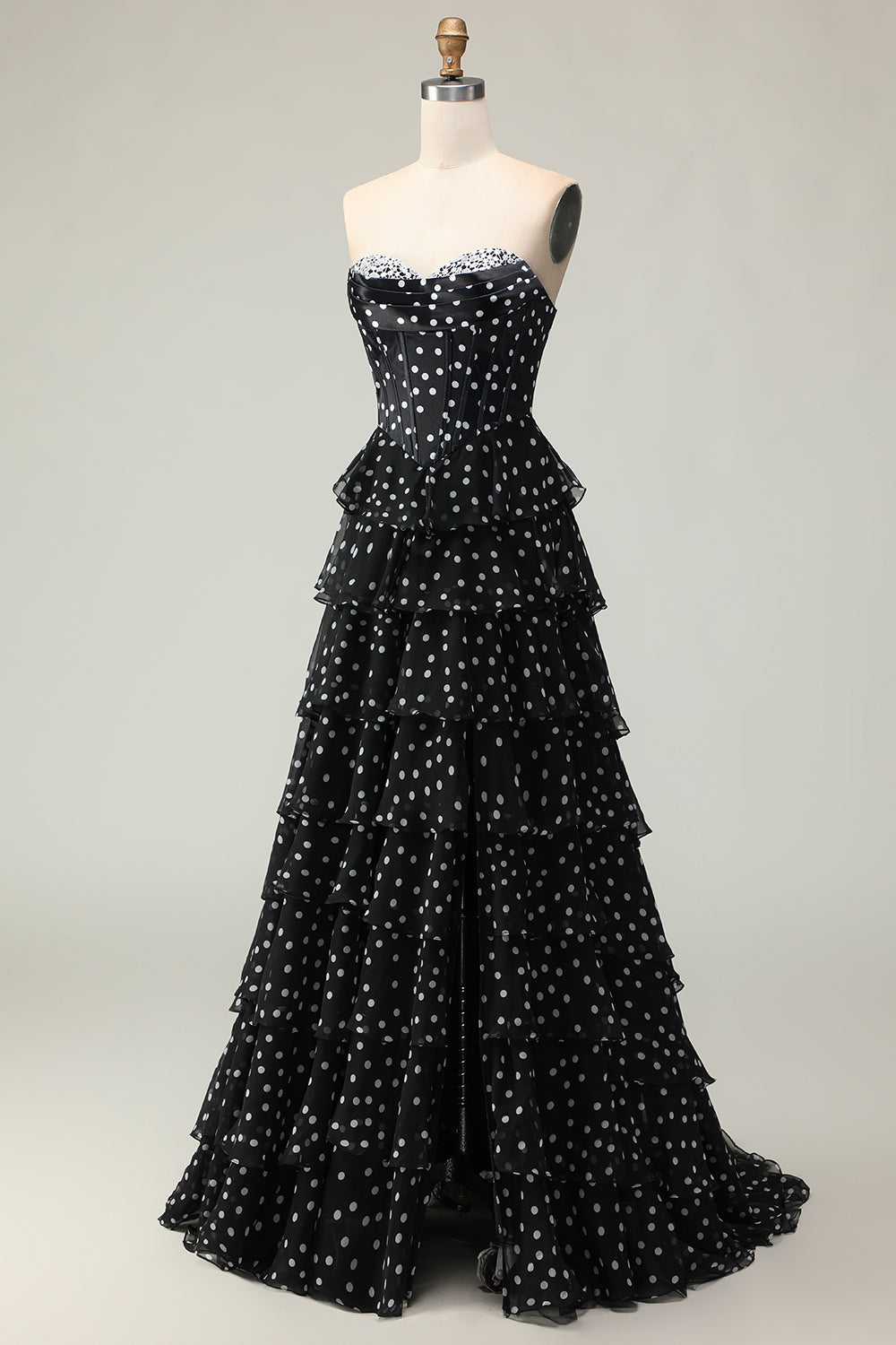 Sparkly White Black Polka Dots A Line Ruffled Long Corset Prom Dress