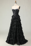Sparkly White Black Polka Dots A Line Ruffled Long Corset Prom Dress