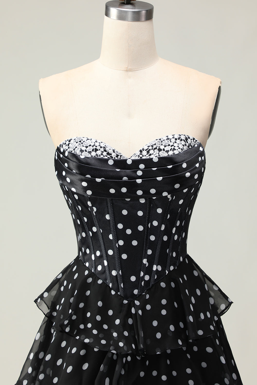 Sparkly White Black Polka Dots A Line Ruffled Long Corset Prom Dress
