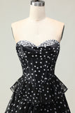 Sparkly White Black Polka Dots A Line Ruffled Long Corset Prom Dress