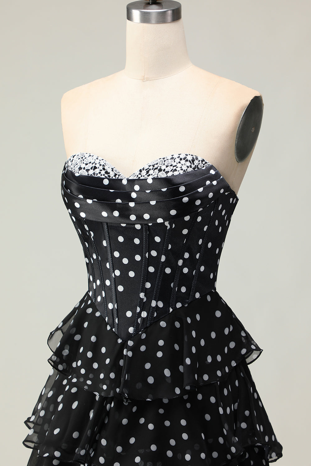 Sparkly White Black Polka Dots A Line Ruffled Long Corset Prom Dress