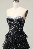 Sparkly White Black Polka Dots A Line Ruffled Long Corset Prom Dress
