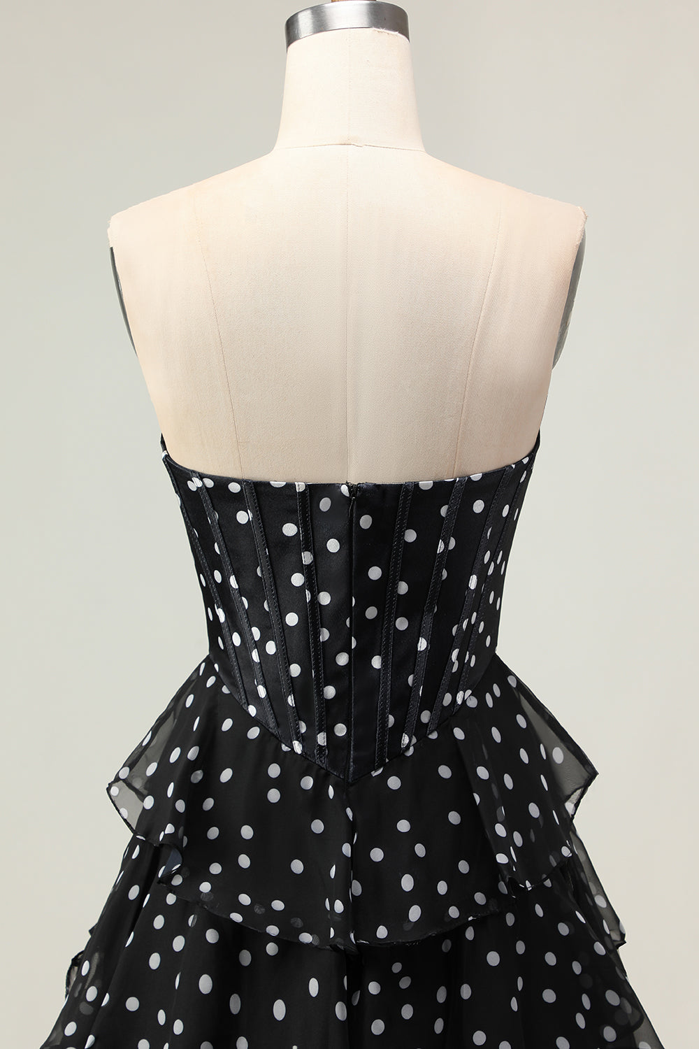 Sparkly White Black Polka Dots A Line Ruffled Long Corset Prom Dress