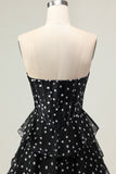 Sparkly White Black Polka Dots A Line Ruffled Long Corset Prom Dress