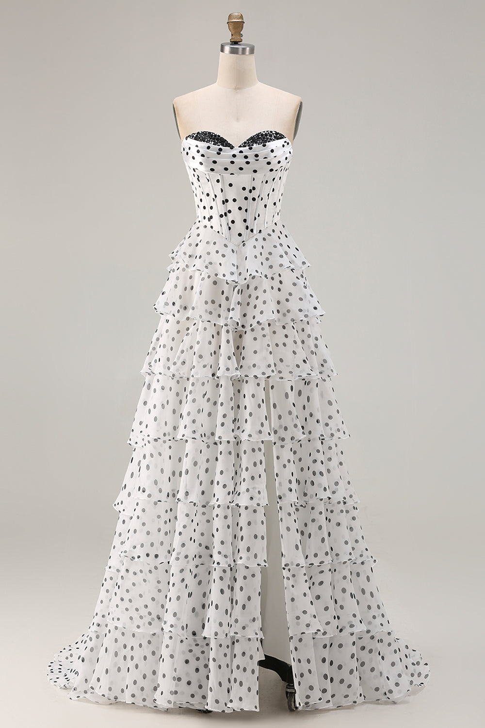Sparkly Black and White Polka Dots A Line Ruffled Long Corset Prom Dress