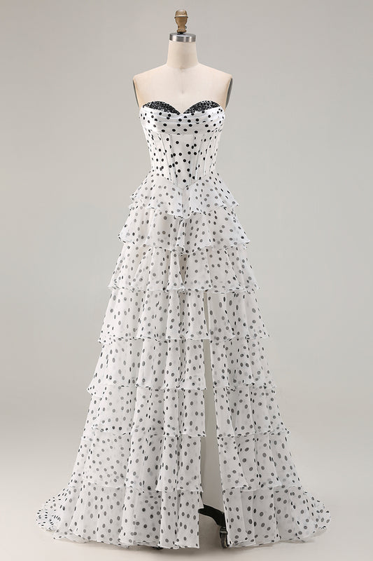 Sparkly Black and White Polka Dots A Line Ruffled Long Corset Prom Dress