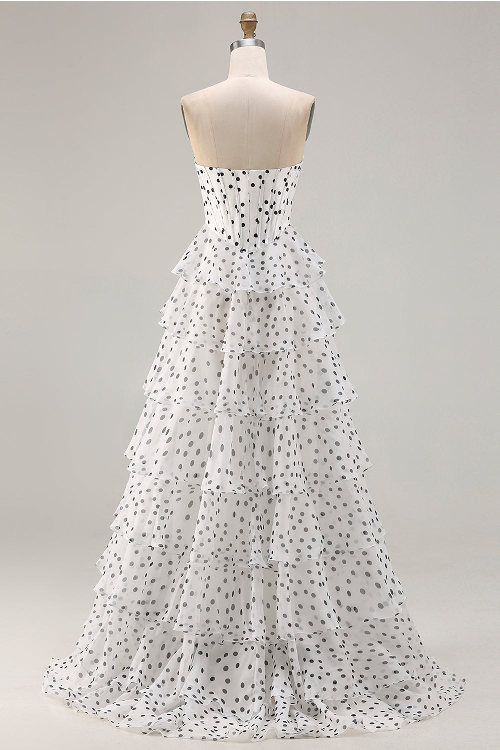 Sparkly Black and White Polka Dots A Line Ruffled Long Corset Prom Dress