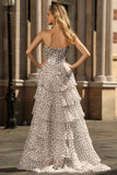 Sparkly White Black Polka Dots A Line Ruffled Long Corset Prom Dress