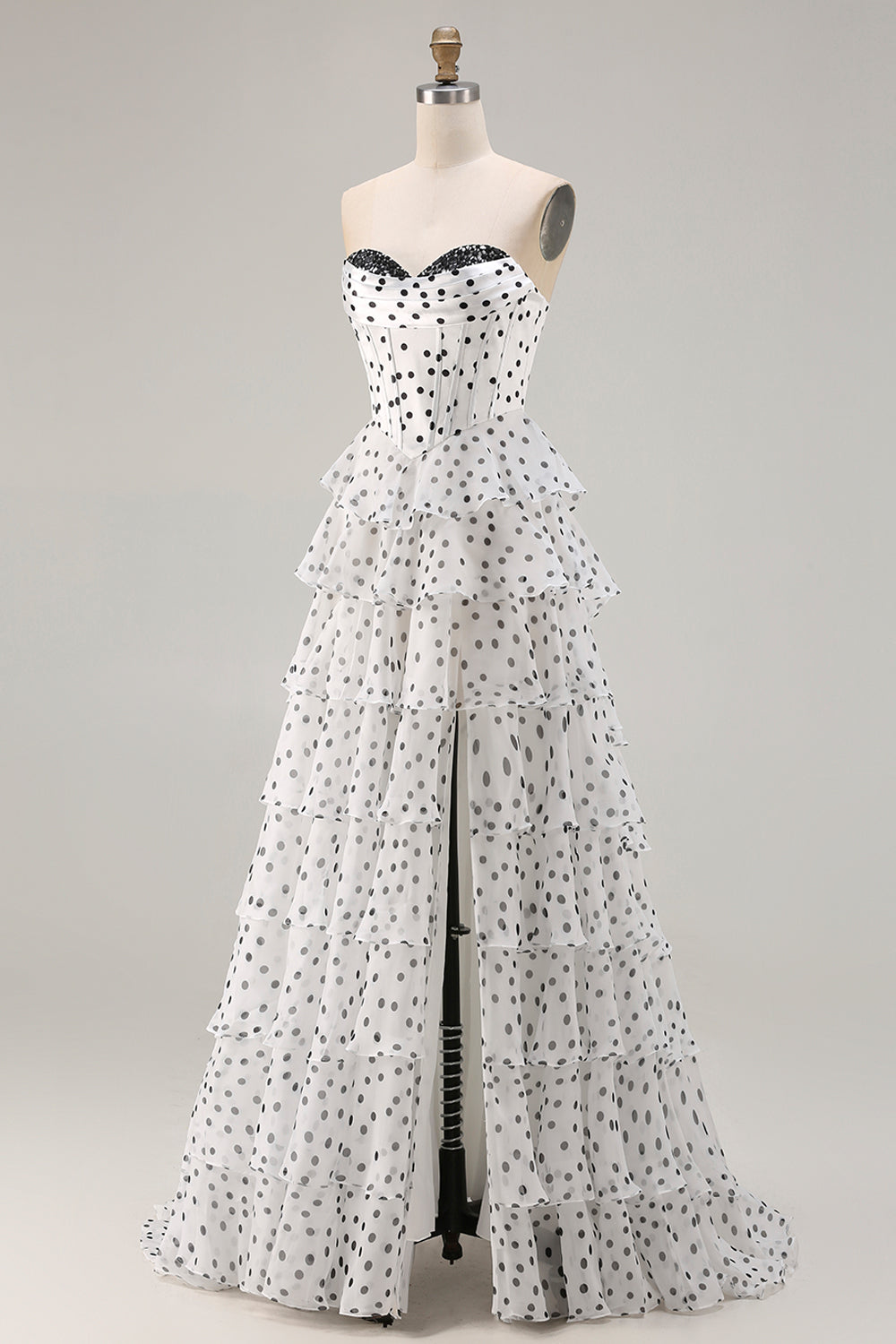 Sparkly Black and White Polka Dots A Line Ruffled Long Corset Prom Dress
