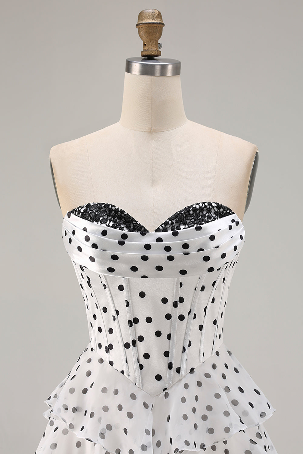 Sparkly Black and White Polka Dots A Line Ruffled Long Corset Prom Dress