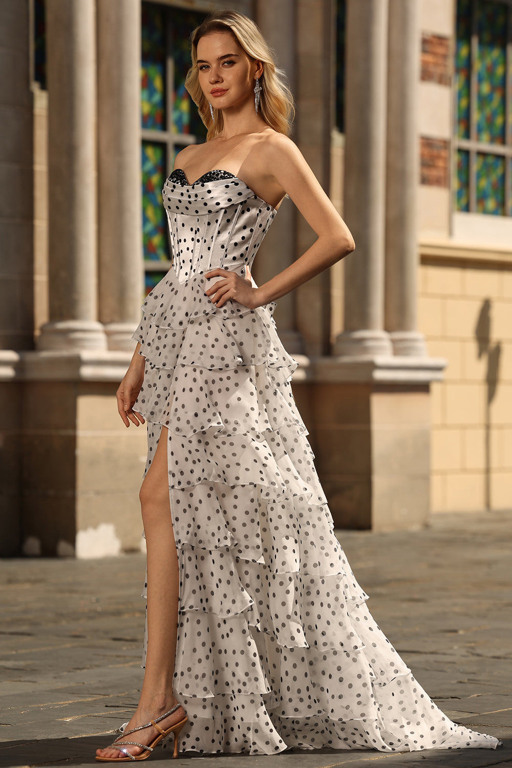 Sparkly Black and White Polka Dots Ruffled Corset Long Prom Dress