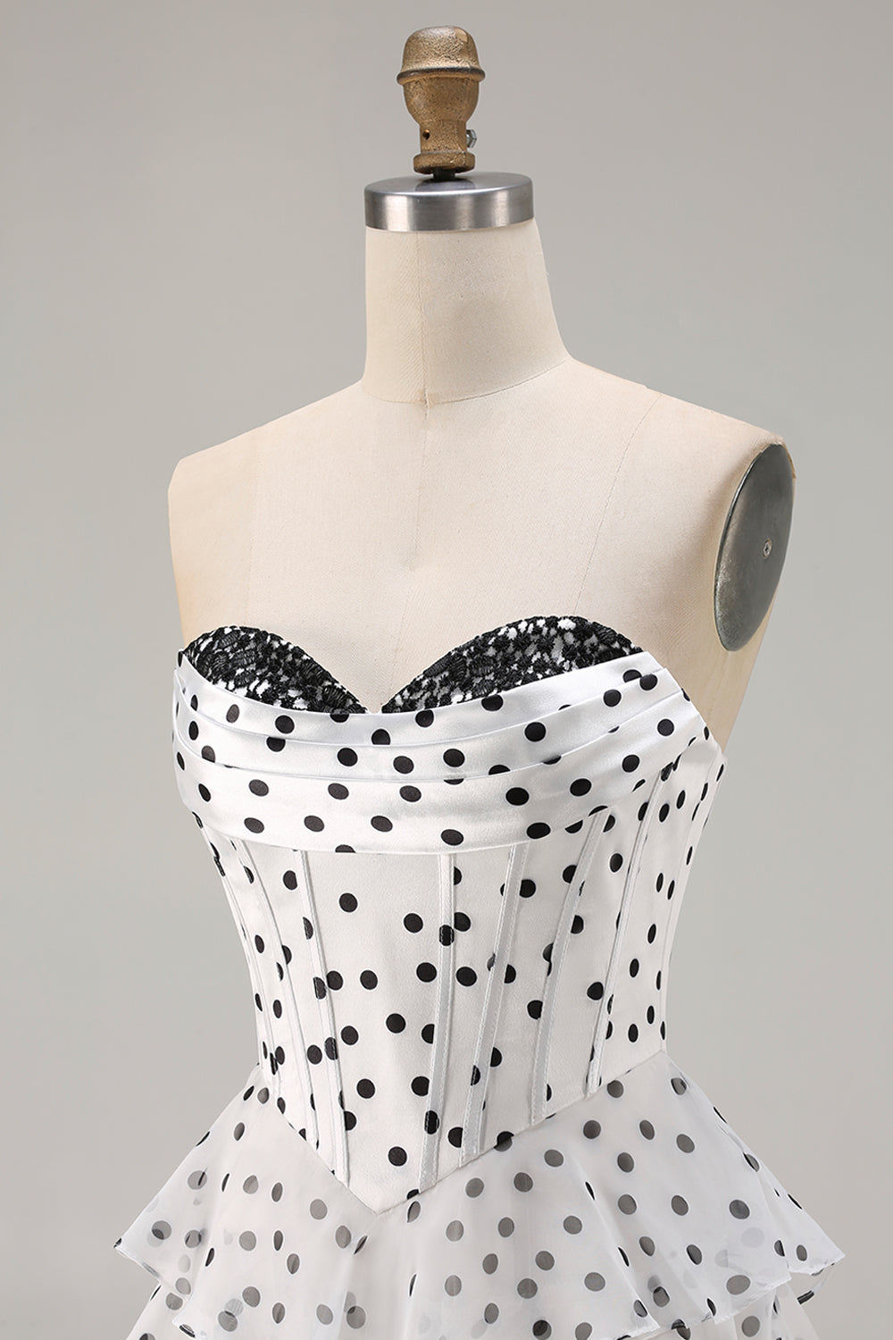 Sparkly Black and White Polka Dots A Line Ruffled Long Corset Prom Dress