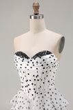 Sparkly Black and White Polka Dots A Line Ruffled Long Corset Prom Dress