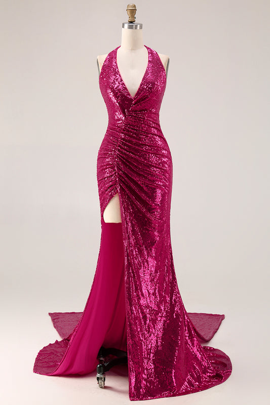 Sparkly Fuchsia Mermaid Halter Sequin Long Prom Dress with Cape