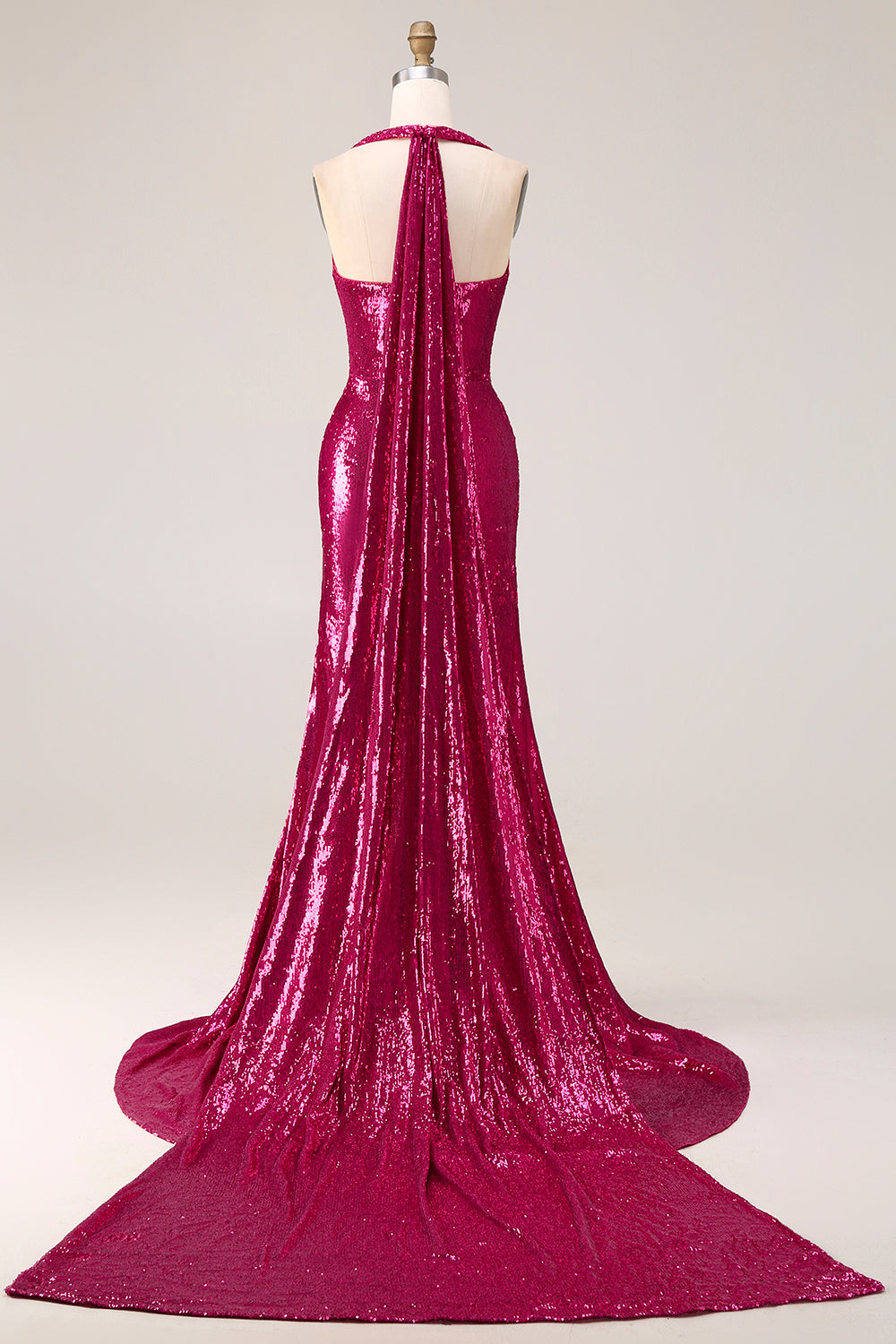 Sparkly Fuchsia Mermaid Halter Sequin Long Prom Dress with Cape