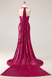 Sparkly Fuchsia Mermaid Halter Sequin Long Prom Dress with Cape