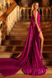 Sparkly Fuchsia Sequin Mermaid Halter Long Prom Dress with Cape